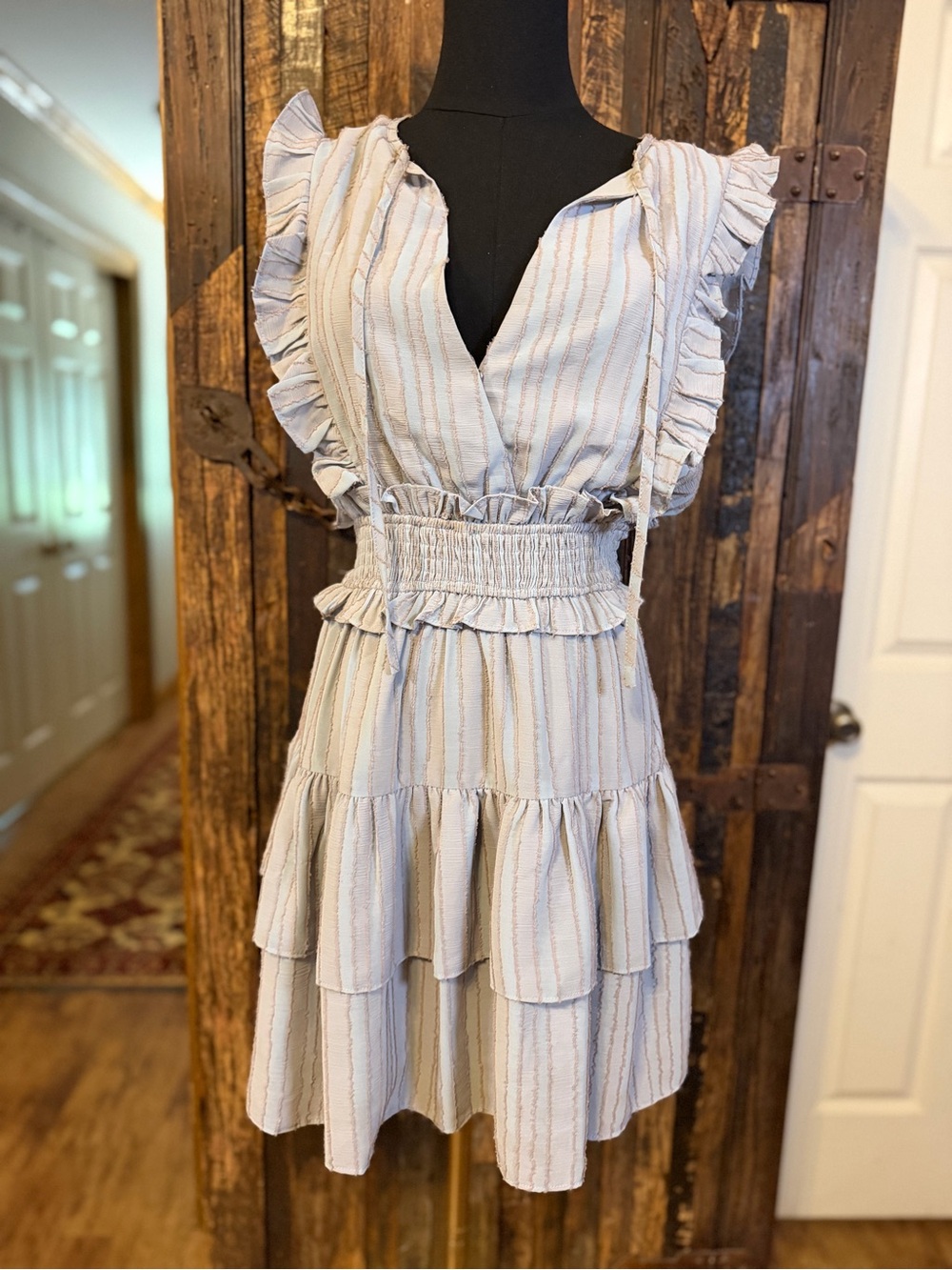 STORIA Ruffle Mini Dress Women Small Blue Beige Stripe Smocked Waist Tiered Boho
